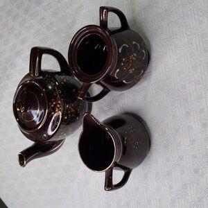 MCM Redware Moriage Teapot Creamer Sugar